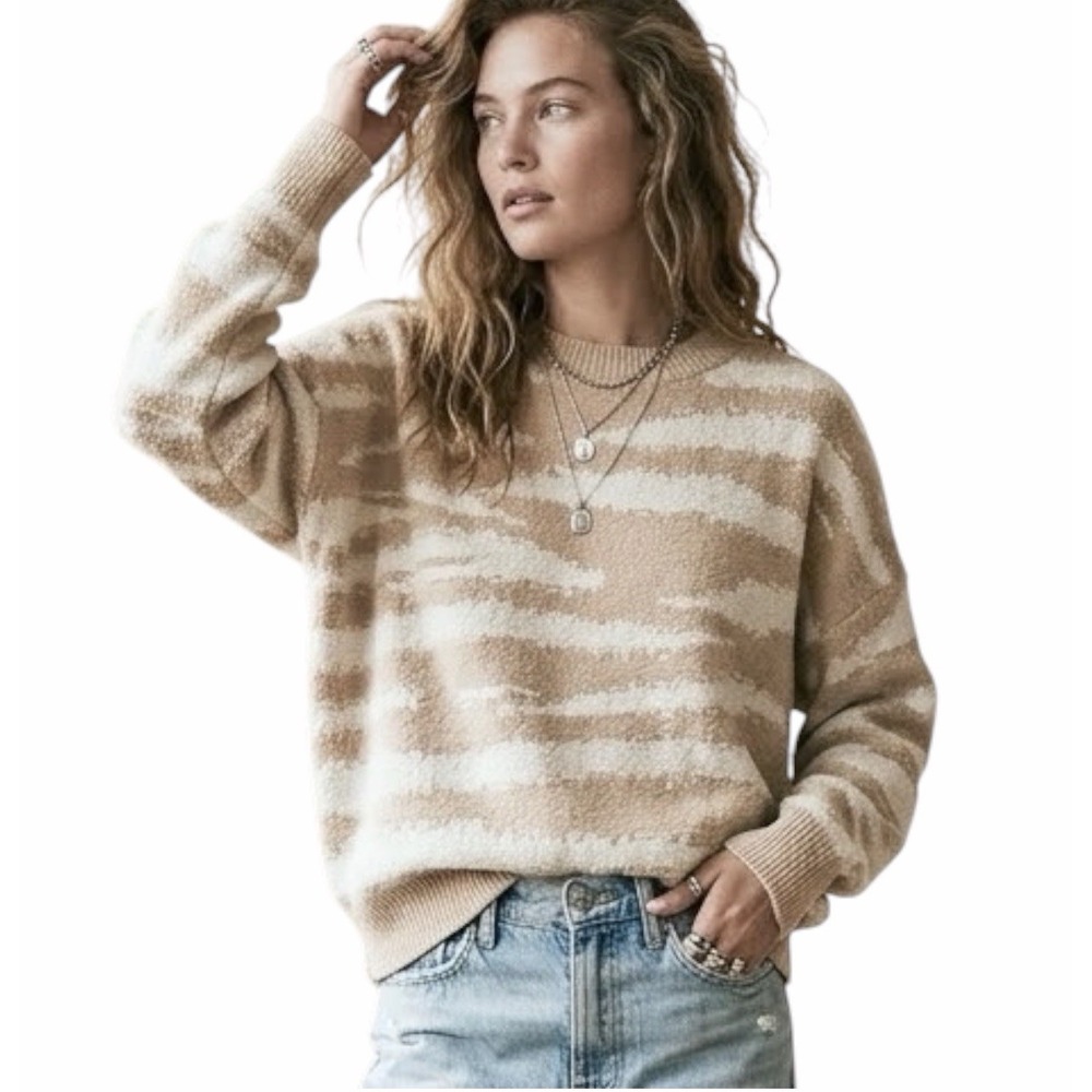 Rails Virgo Camel Animal Stripe Sweater M•Quiet Luxury Minimalist Cashmere Beige